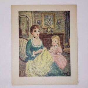 Vintage Mother Daughter SEWING HOUR by Monte c 1940's Print Wall Art Print Decor